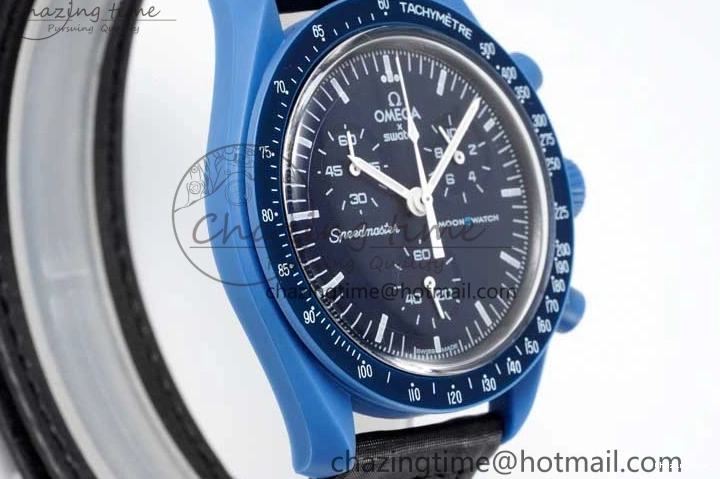 0206 ZipUp Speedmaster Misson To Neptune 1:1 Best Edition Blue Dial On Nylon Strap Quartz 7854